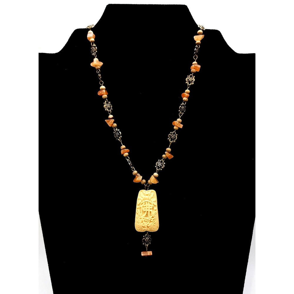 Buddha Lotus Pendant Necklace Bronze Tone Orange Stone Vintage